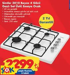 SİMFER 3010 BEYAZ 4 GÖZÜ GAZLI SET ÜSTÜ EMAYE OCAK